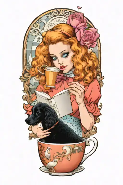 Alice In Wonderland Reading A Book With A Cup Of Coffee And A Poodle Dog
