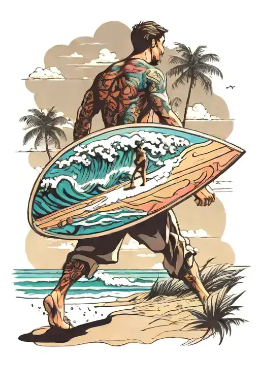 Beach Landscape In The Background With Surfer Lifting His Board