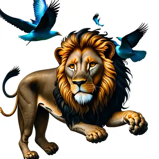 Lion And Birds Flying