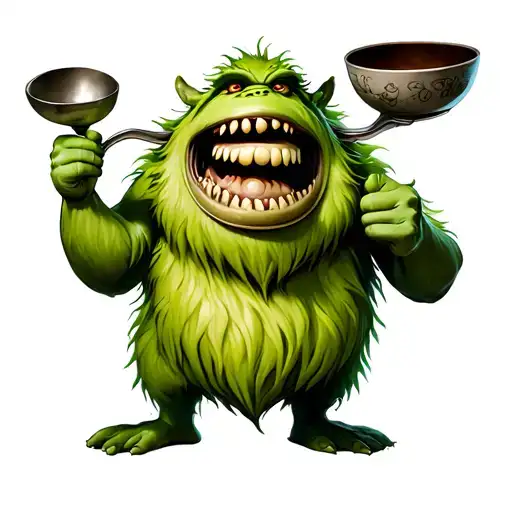 2D Cartoon Buff Green Monster Holding A Giant Spoon And Bowl In The Air