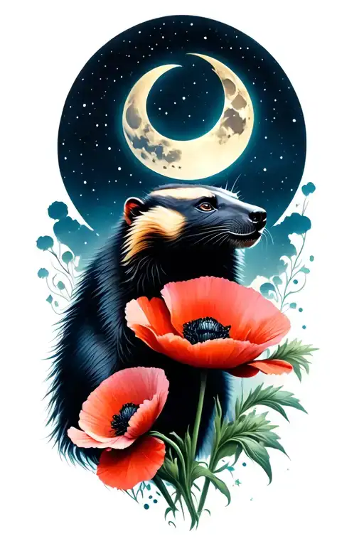 Honey Badger And Poppy Flower Under A Crescent Moon