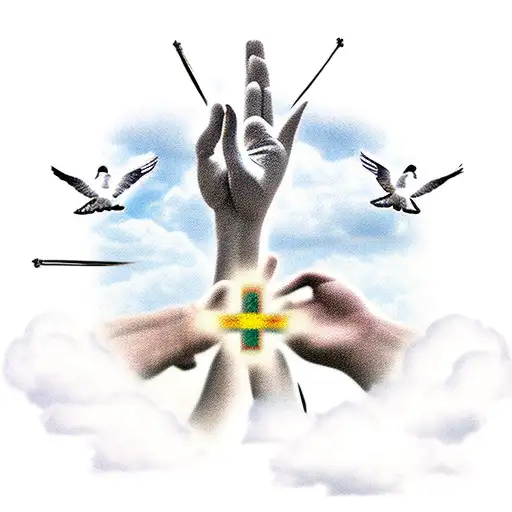 Praying Hands With Clouds And Doves Flying And A Cross In The Background