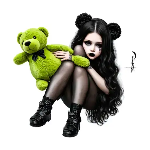 Gothic Girl Holding Green Teddy Bear
