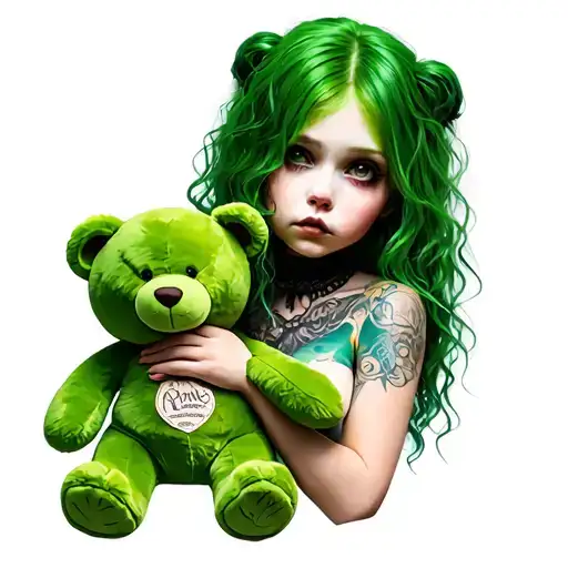 Gothic Girl With Green Hair Holding Green Teddy Bear