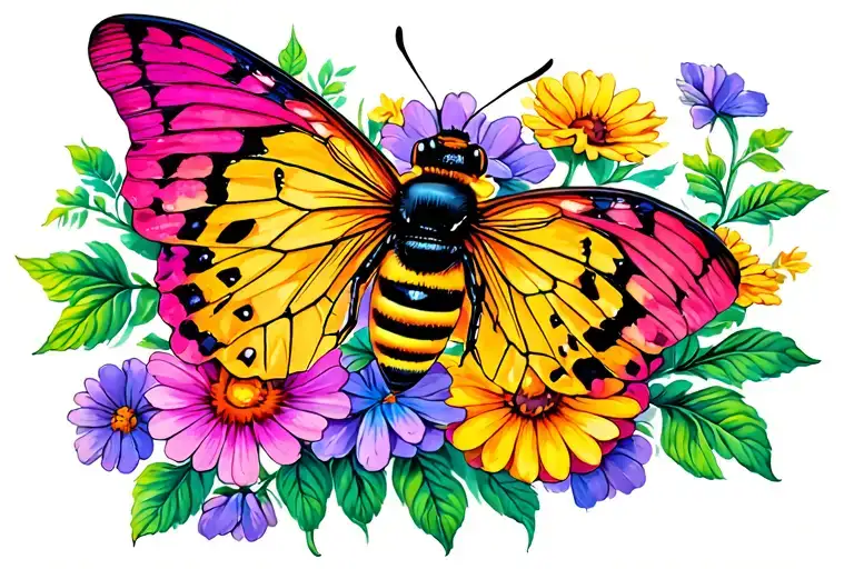 Butterfly And Bee With Flowers Blooming