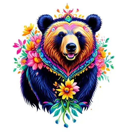Colorful Bear With Flowers Surrounding It And Mandala Design Incorporating Elements
