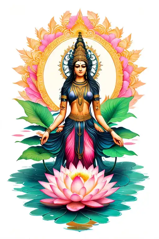 Black Goddess Standing On Lotus Flower