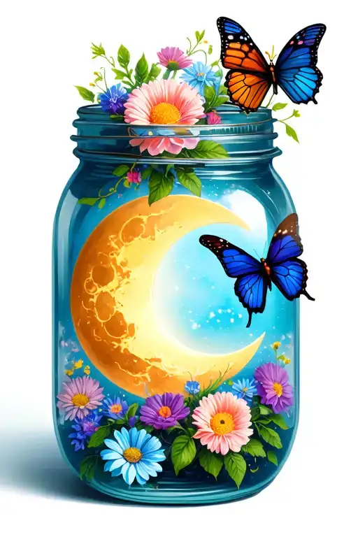Sun And Moon Inside Of A Mason Jar With Flowers And Butterflies
