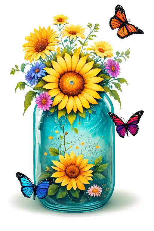Sun Inside Of A Mason Jar With Flowers And Butterflies