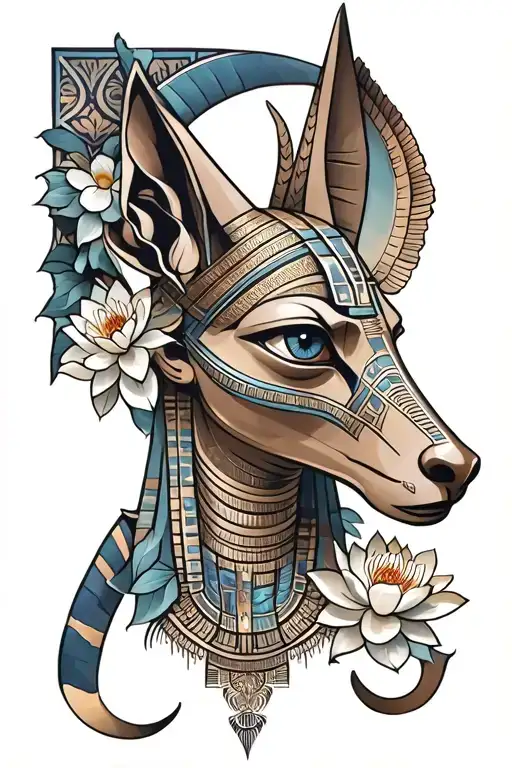 Masculine Anubis With Eye Of Horus And Lotus Flower Blooming