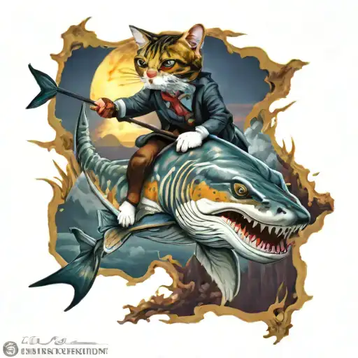 Calico Cat Riding Hammerhead Shark Shooting Uzis