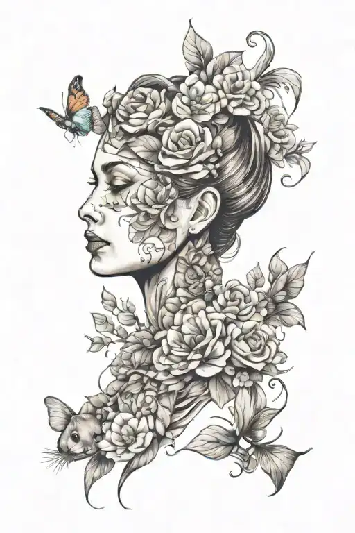 Lady Face With Flowers And Rodent