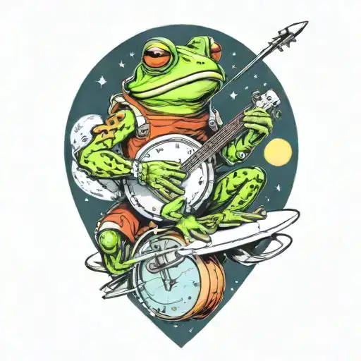 Frog Playing Banjo Sitting On Spaceship In Spacesuit Smoking A Pipe
