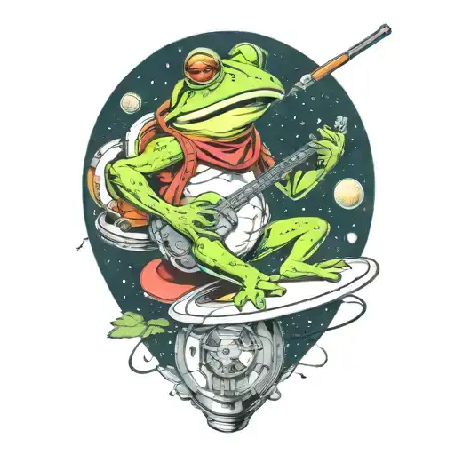 Frog Playing Banjo Sitting On Flying Saucer In Spacesuit Smoking A Pipe