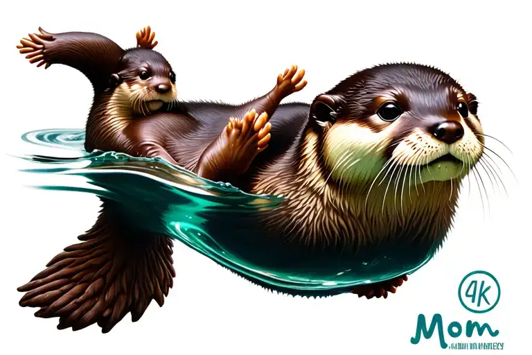 Mom Baby Otter Floating