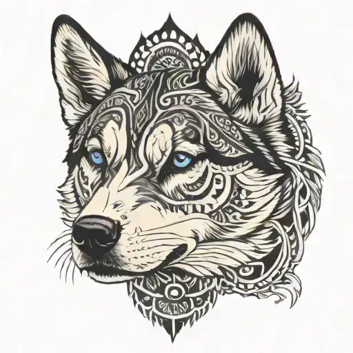 Siberian Husky Symmetrical Face With Half Of The Face With Realism And The Other Half With Tribal