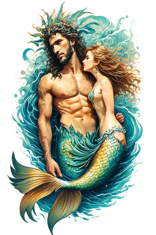 Forearm Sleeve Tattoo Featuring Poseidon And A Sexy Mermaid
