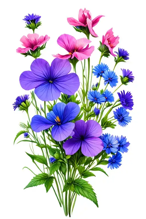 Purple Wild Pea Flowers With Pink Clover Flowers And Blue Cornflowers