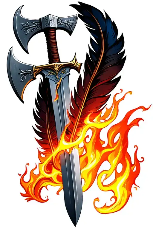 Feathers With Axe And Sword And Flames