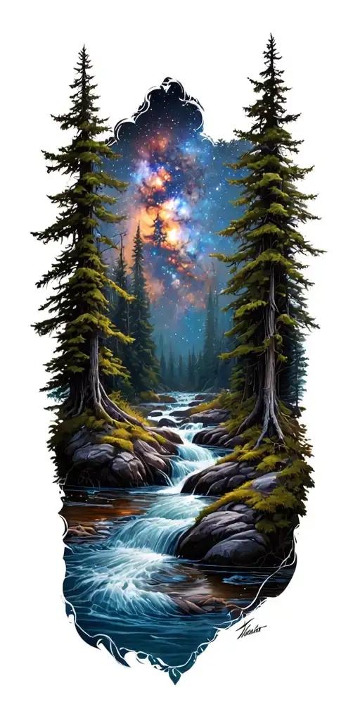Forest With River Flowing And Galaxy In Background