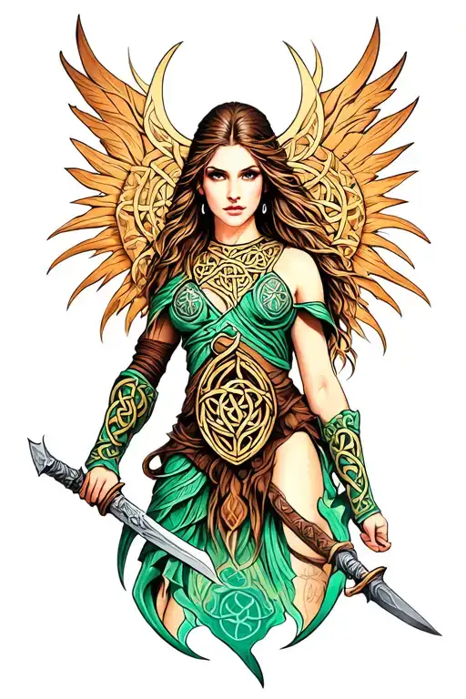 Celtic Female Warrior Color Tattoo Design Featuring