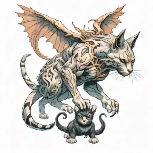 Cat And Muscular Man With Demon Wings With Death