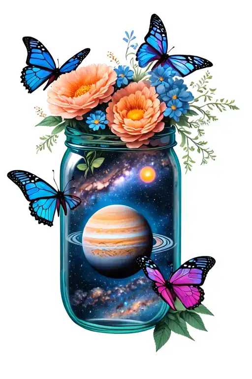 Milky Way Galaxy With Planets Inside Of A Mason Jar With Flowers And Butterflies