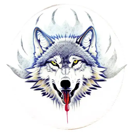 Howling Wolf With Skull And Flowers On The Base Of It's Neck And Flying Bats And Crows