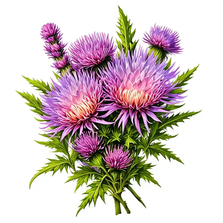 Scottish Thistle And A Bunch Of Heather Flowers