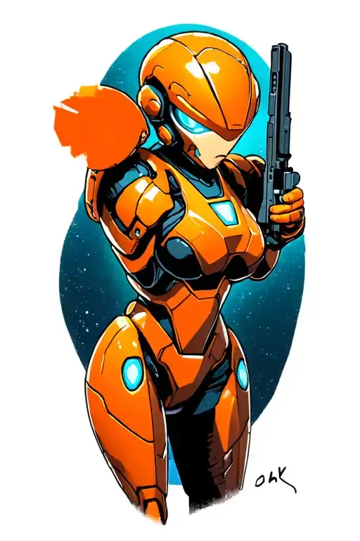 Orange Suit Samus Aran Charging Her Blaster Pointed Towards A Metroid