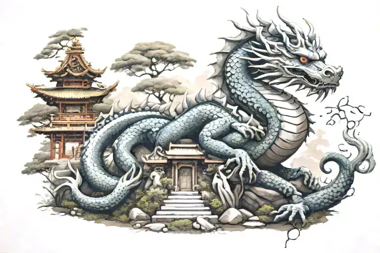 A Dragon Meditating In A Serene Buddhist Temple Garden