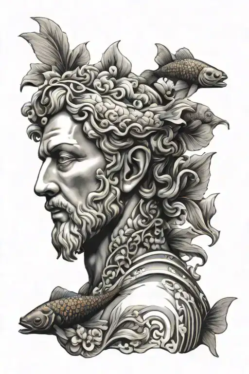 Greek Stature Head With Koi Fish Background Black