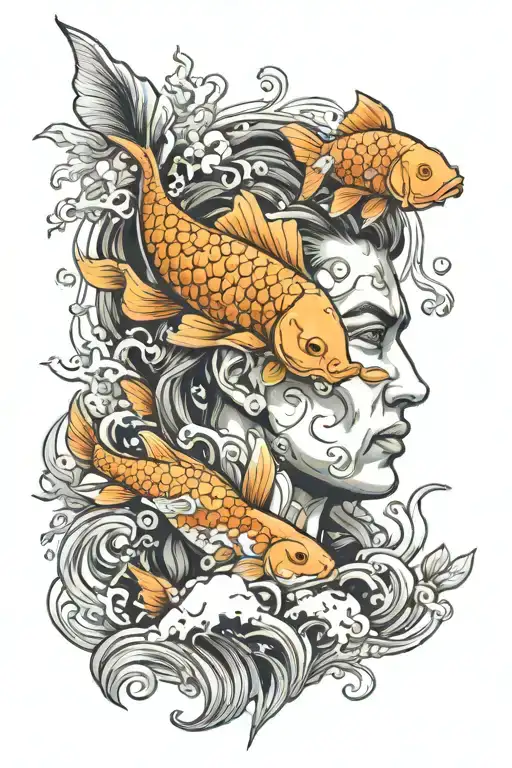 Posiedon Head With Koi Fish And Sea Elements Background Black