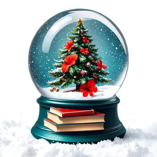 Snow Globe With A Christmas Tree With Books And Hibiscus Flowers In It