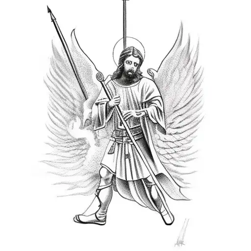 St Michael The Archangel Killing A Demon With Fine Line Work