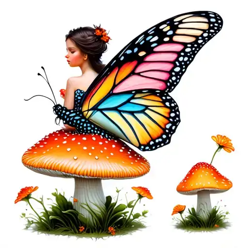 Butterfly Fairy Sitting On A Mushroom Growing