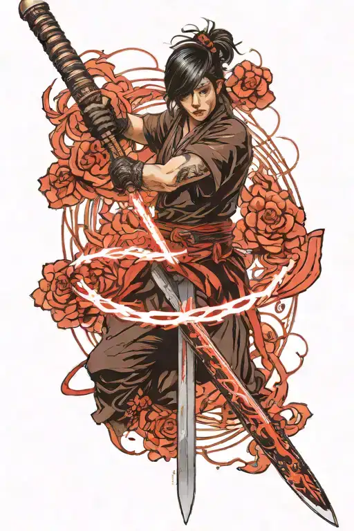 A Katana Post-swing With A Red Lighting Trail That Cuts Open Space And Time