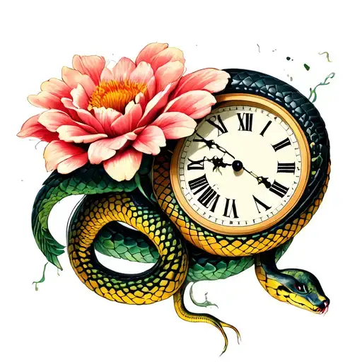 Broken Time Clock Being Pierced By A Snake That Is Shedding Its Skin And A Withered Flower