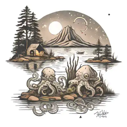 A Family Of Octopuses Camping By A Lake Under The Stars