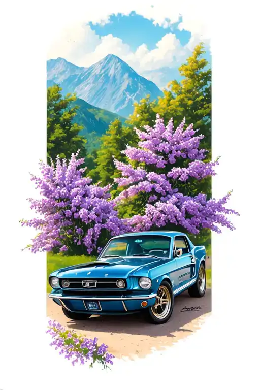 Blue 1966 Mustang Coup With Mountains In The Background And A Lilac Bush To The Side
