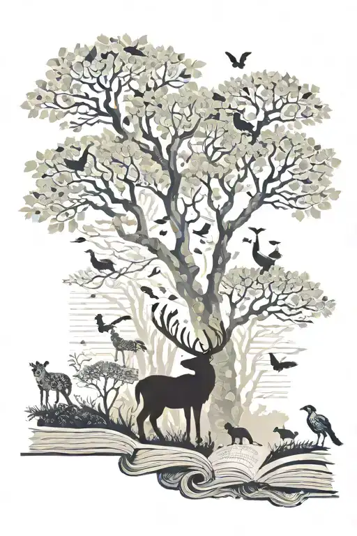 A Mystical Forest Scene With Animals Made Out Of Book Pages