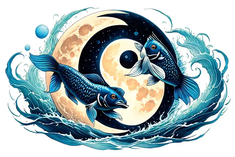 2 Ying Yang Fish Swimming Around A Moon