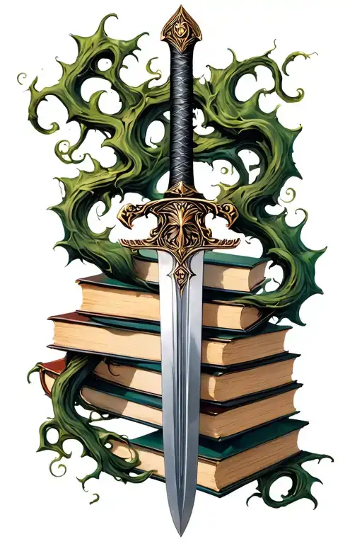 A Sword With Vines Running Up It Surrounded By Story Books