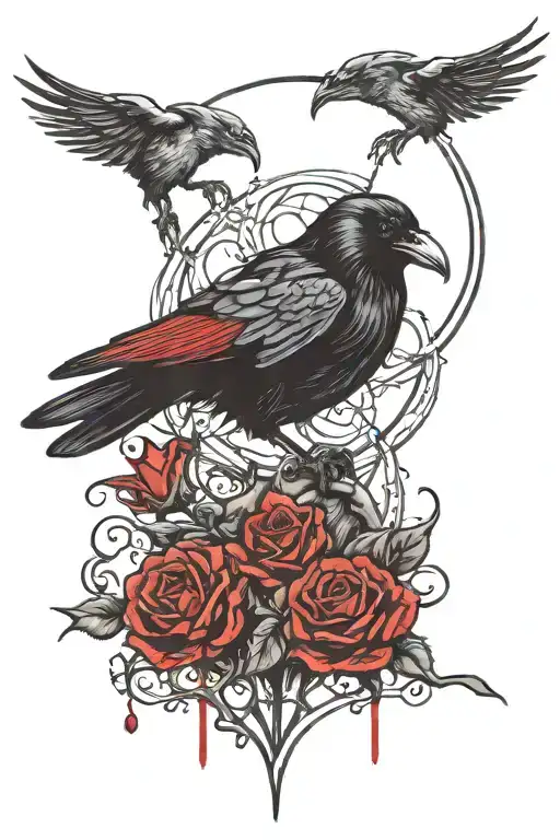 Dark Gothic Horror Tattoo With Demonic Red Details Featuring A Raven Flying