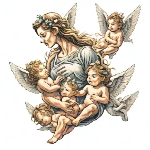 Mother & Daughter Surrounded By 3 Baby Angels Flying