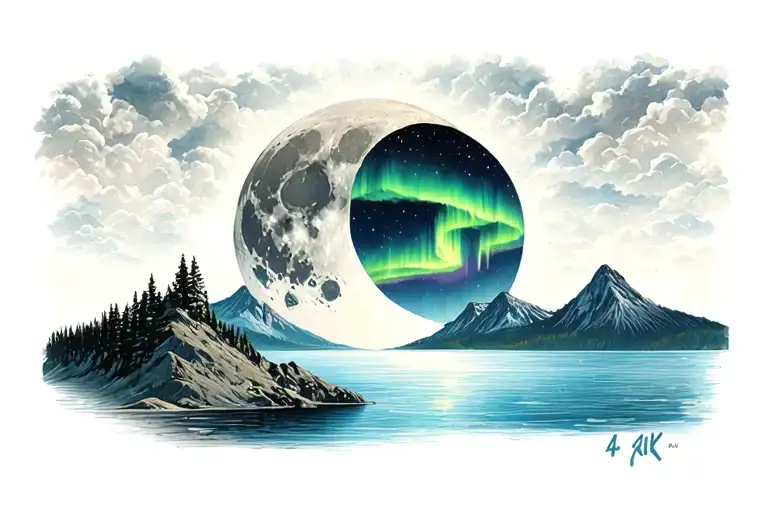 Moon With Northernlights Over Mountain With Lake