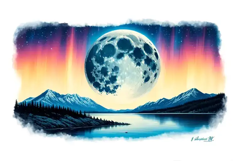 Moon With Northernlights Background Night Sky Over Mountain With Lake