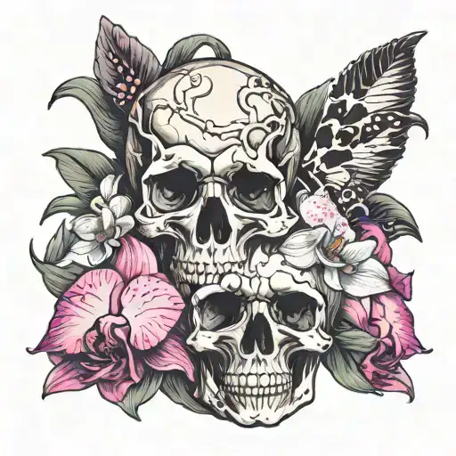 Skull And Orchids Intertwined