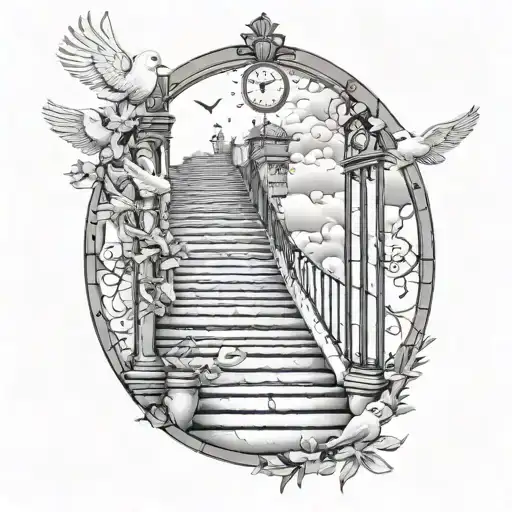 Stairway To Heaven With Guy At Bottom Clock Behind Gates And 5 Doves