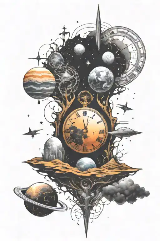 A Tattoo Design Featuring The Concept Of Time With Inspiration Drawn From Space And Galaxies
